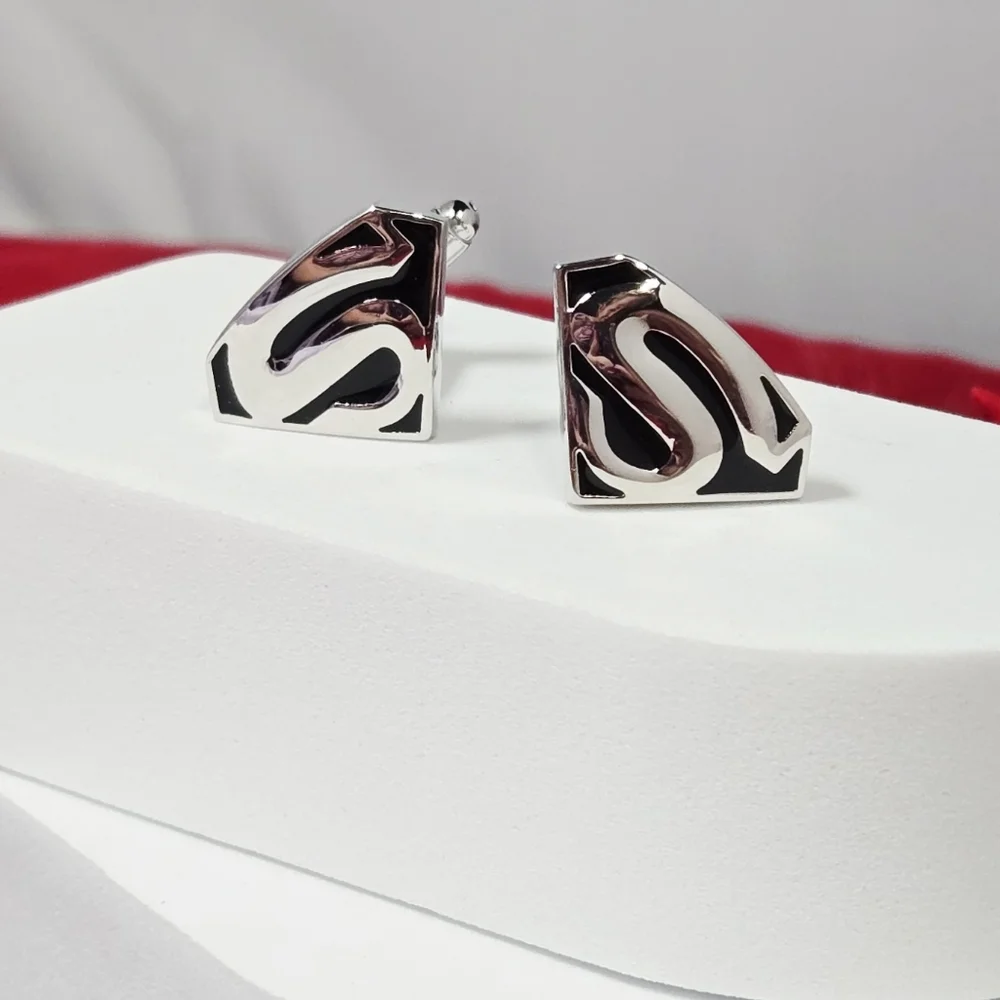 Black Superman Logo Mens Novelty French Cufflinks Silver Plated Bullet Back Gift